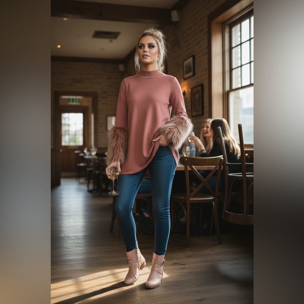 Alfani Mock Neck Sweater Faux Fur sleeves Boutique Anthro Style L